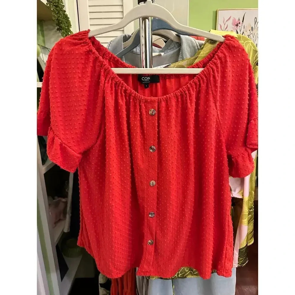 Coin 1804 Red Swiss Dot Button-Up Blouse (L)